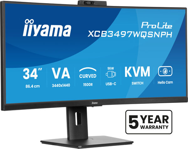 ProLite XCB3497WQSNPH-B1 - 34’’ VA UWQHD curved monitor with a built-in Windows Hello camera and microphone, USB-C Dock, LAN, KVM-Switch and 15cm height adjustable stand