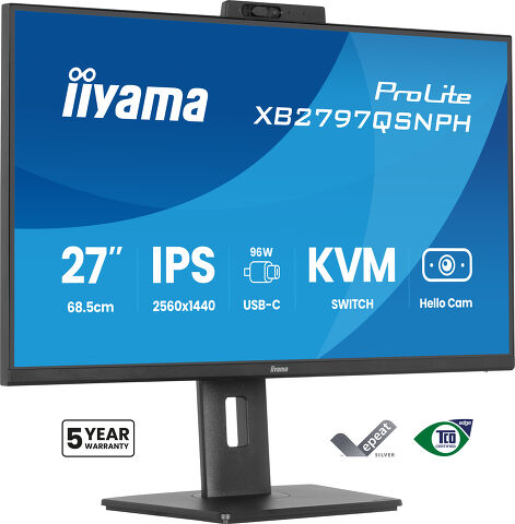 ProLite XB2797QSNPH-B1 - 27’’ IPS QHD monitor with a built-in 5MP Windows Hello camera, microphone, USB-C Dock, LAN, KVM-Switch and 15cm height adjustable stand