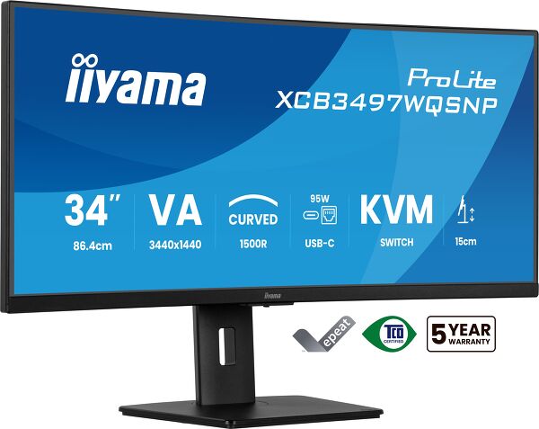 ProLite XCB3497WQSNP-B1 - 34" (86.4 cm) Curved-Monitor mit UWQHD-Auflösung, KVM-Switch, USB-C-Dock, LAN und einem 150 mm höhenverstellbaren Standfuß