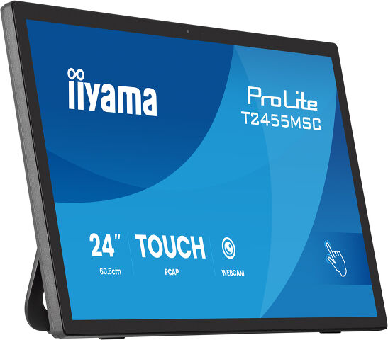ProLite T2455MSC-B2 - 24” multi-touch monitor with edge-to-edge glass, anti fingerprint coating, integrated webcam and a flexible stand