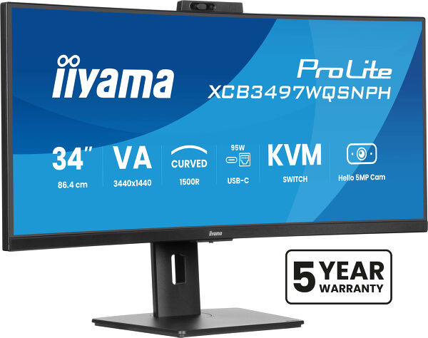 ProLite XCB3497WQSNPH-B1 - 34" zakrzywiony monitor VA UWQHD z wbudowaną kamerą i mikrofonem Windows Hello, stacją dokującą USB-C, siecią LAN, przełącznikiem KVM i stopą z regulacją wysokości 15 cm