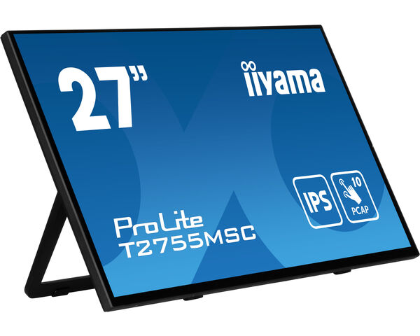 ProLite T2755MSC-B1 - 27” Optical Bonded PCAP 10pt touchscreen monitor with IPS panel technology, edge-to-edge glass design, anti-fingerprint coating and a flexible stand